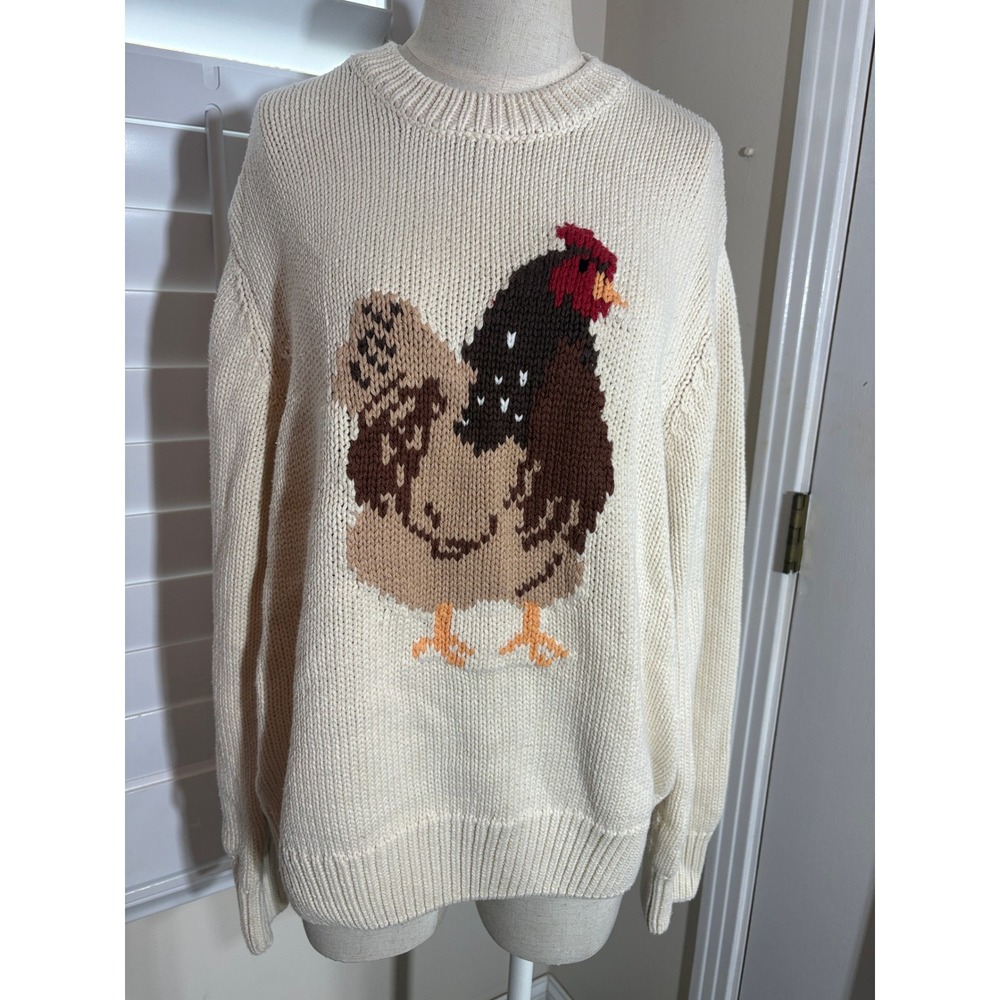 Blue Mountain Chicken Sweater Large Cream Knit Intarsia Graphic Cottagecore Farm
